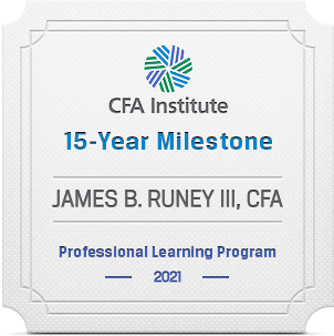 CFA Institute 15-Year Milestone Certificate for James B. Runey III