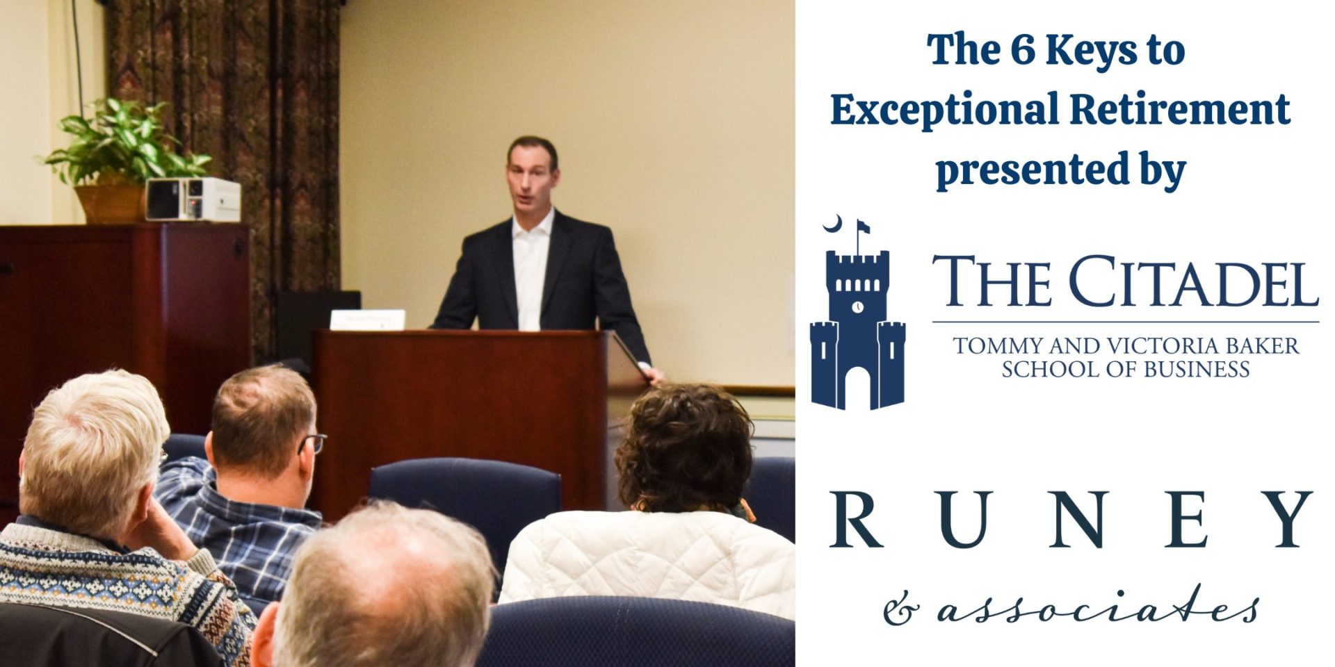 Jamie Runey teaching Retirement Class at The Citadel with audience.