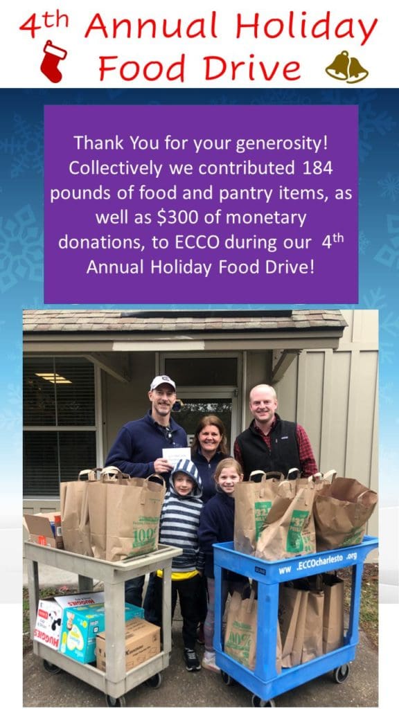 Jamie Runey, Linda Runey, Tyler Peterson, Gabriella Runey and James Runey at ECCO dropping off donations.